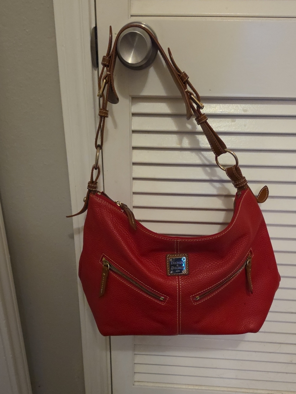 Dooney & Bourke Red Leather Shoulder Hobo with Tan Trim